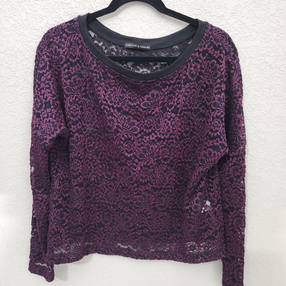 Harlowe & Graham Purple Lace Long-Sleeve Top Size M Black Lining Floral Pattern